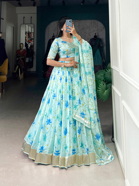 Pista Color Floral Print With Lace Border Tabby Silk Lehenga Choli
