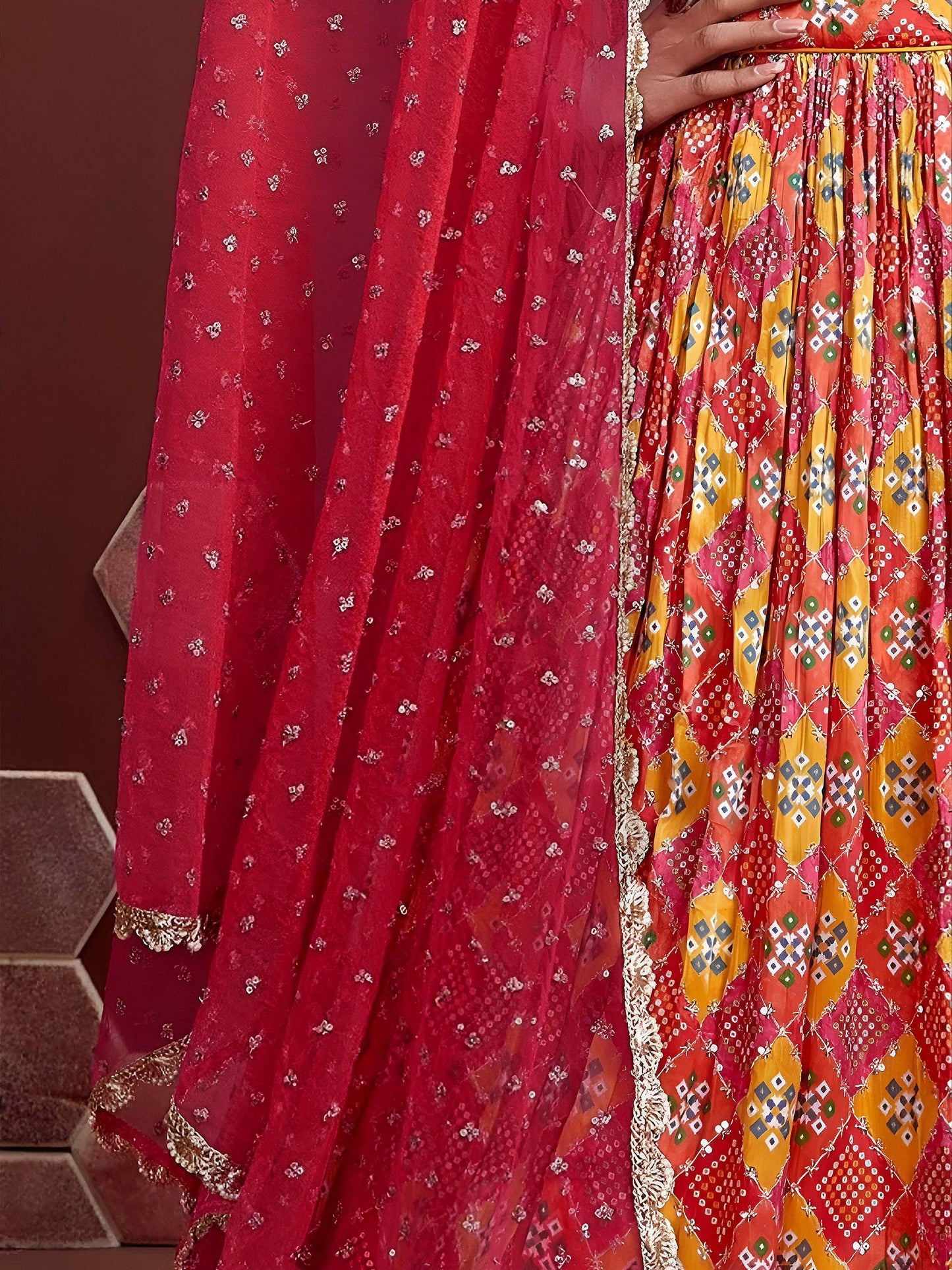 Astonishing Red Sequins Embroidery Chinon Silk Lehenga Choli