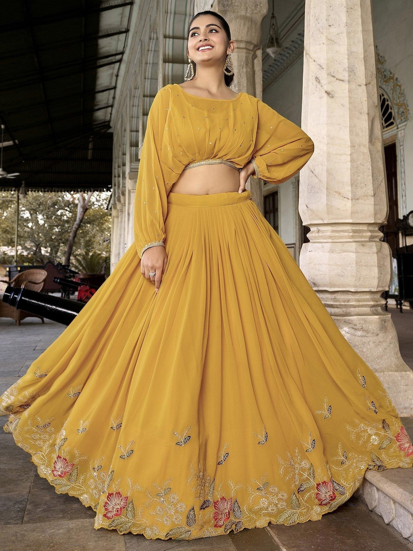 Alluring Yellow Embroidered Georgette Indo-Western Crop Top Lehenga