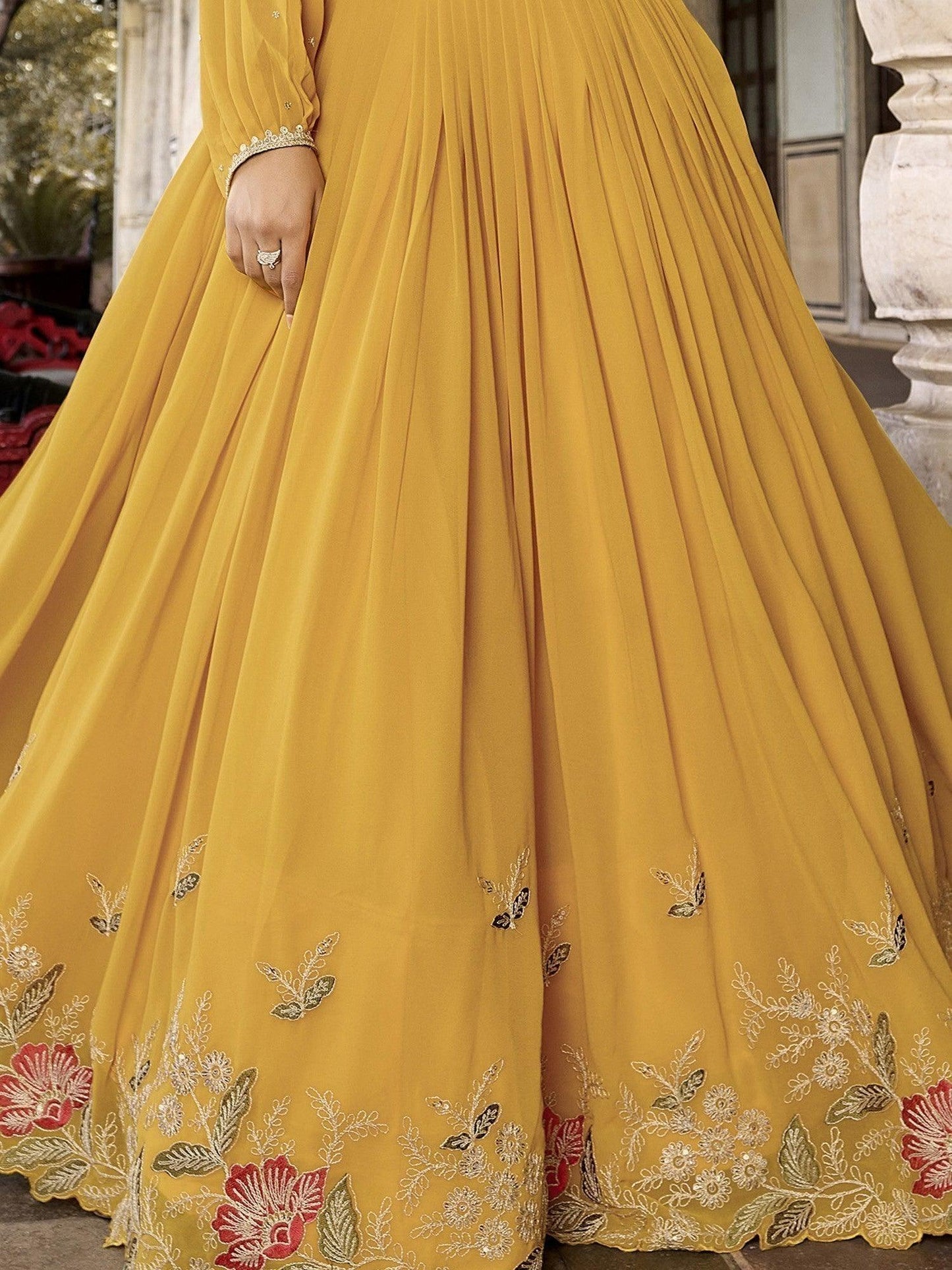 Alluring Yellow Embroidered Georgette Indo-Western Crop Top Lehenga