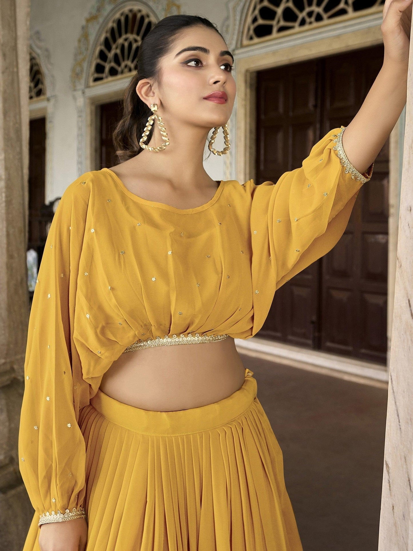 Alluring Yellow Embroidered Georgette Indo-Western Crop Top Lehenga