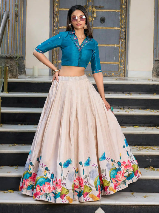 Stylish Cream Floral Printed Tussar Silk Festive Wear Crop Top With Lehenga