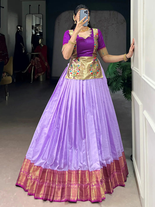 Impressive Lavender Zari Weaving Tussar Silk Function Wear Crop Top Lehenga