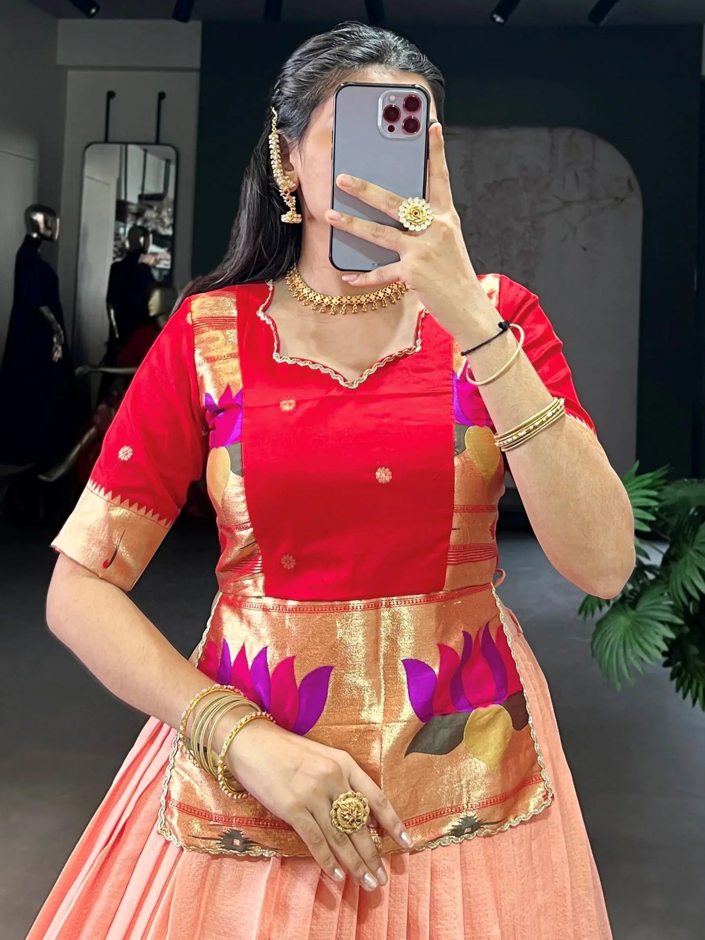 Gorgeous Peach Zari Weaving Tussar Silk Festive Wear Crop Top Lehenga