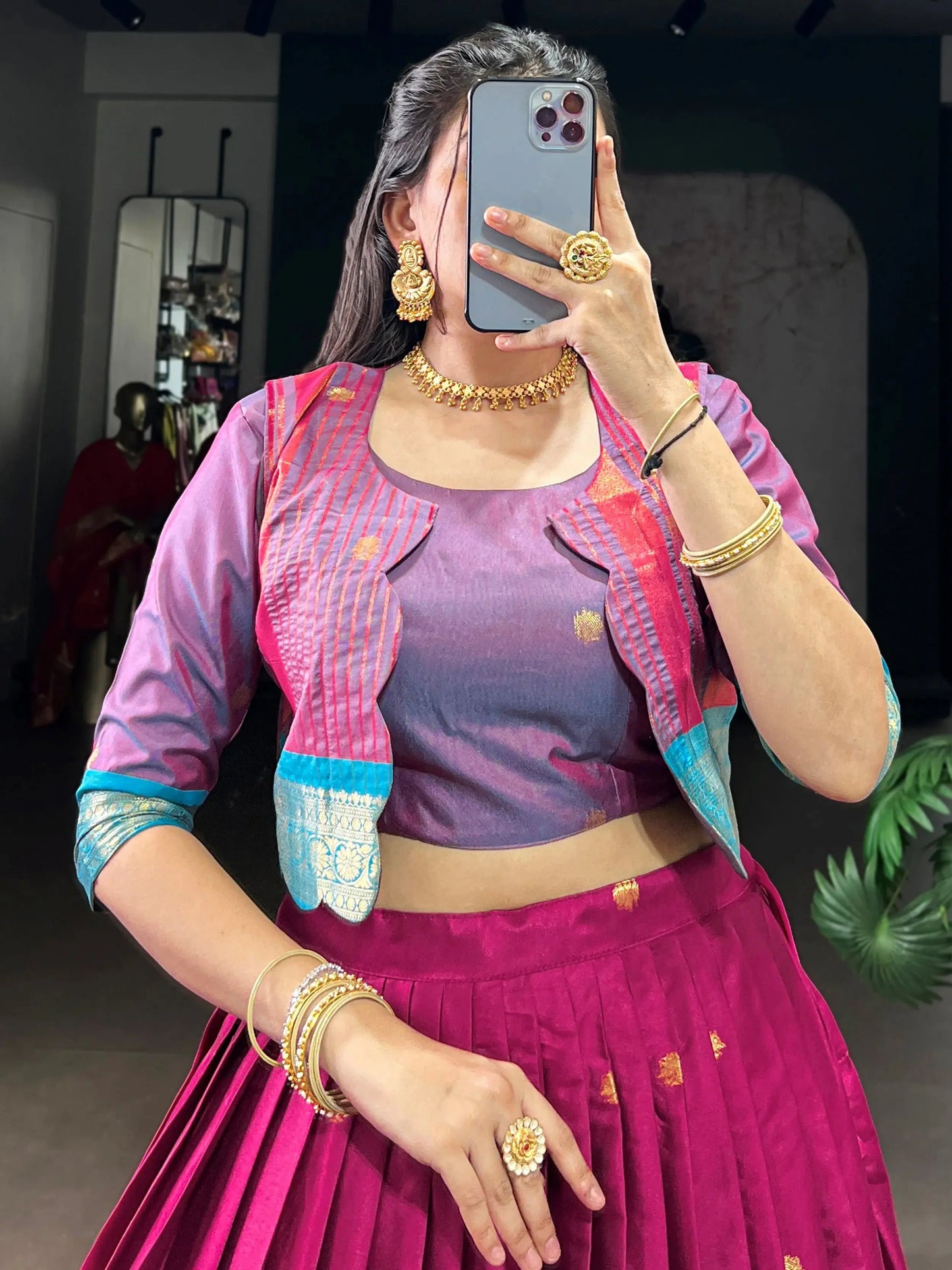 Timeless Rani Pink Zari Weaving Cotton Wedding Wear Crop Top Lehenga With Jacket