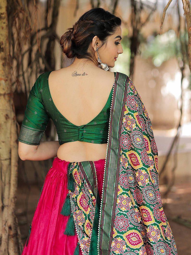 Fabulous Pink Green Patola Printed Silk Garba Wear Lehenga Choli
