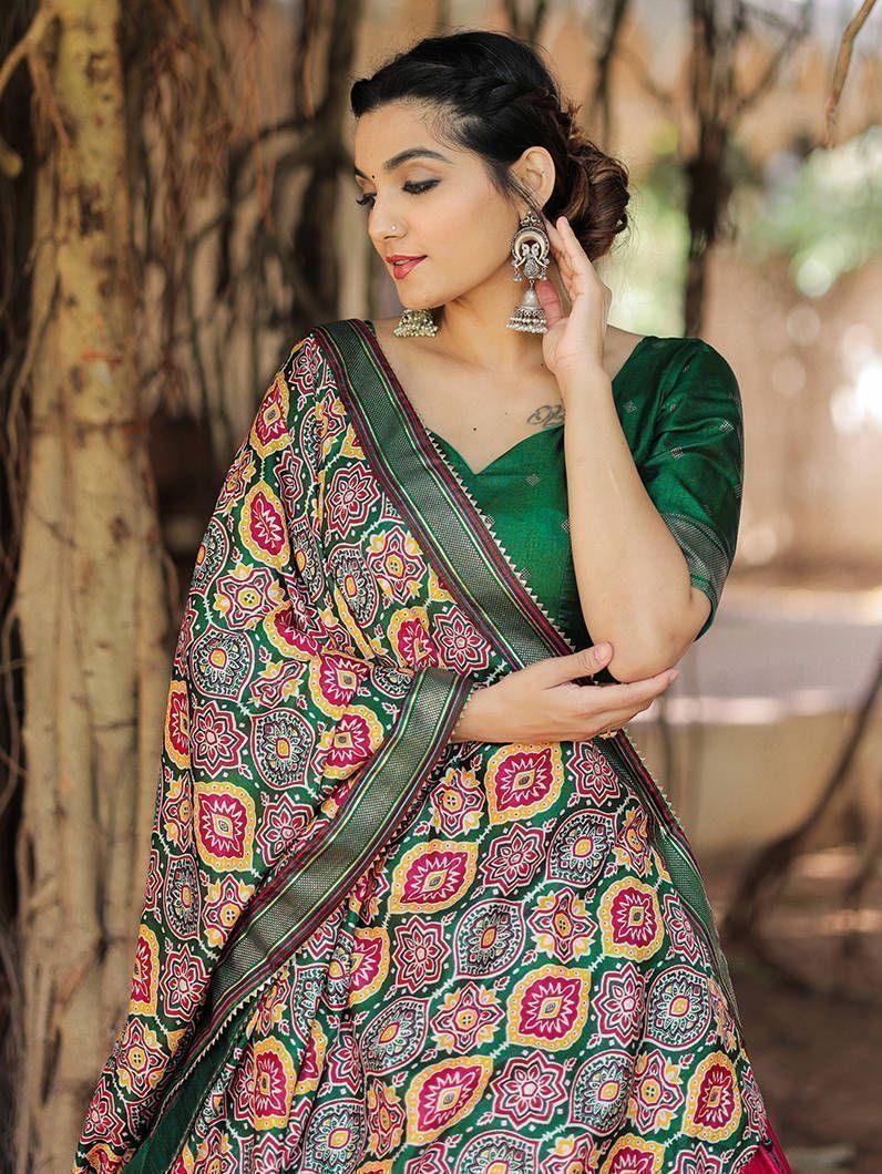 Fabulous Pink Green Patola Printed Silk Garba Wear Lehenga Choli