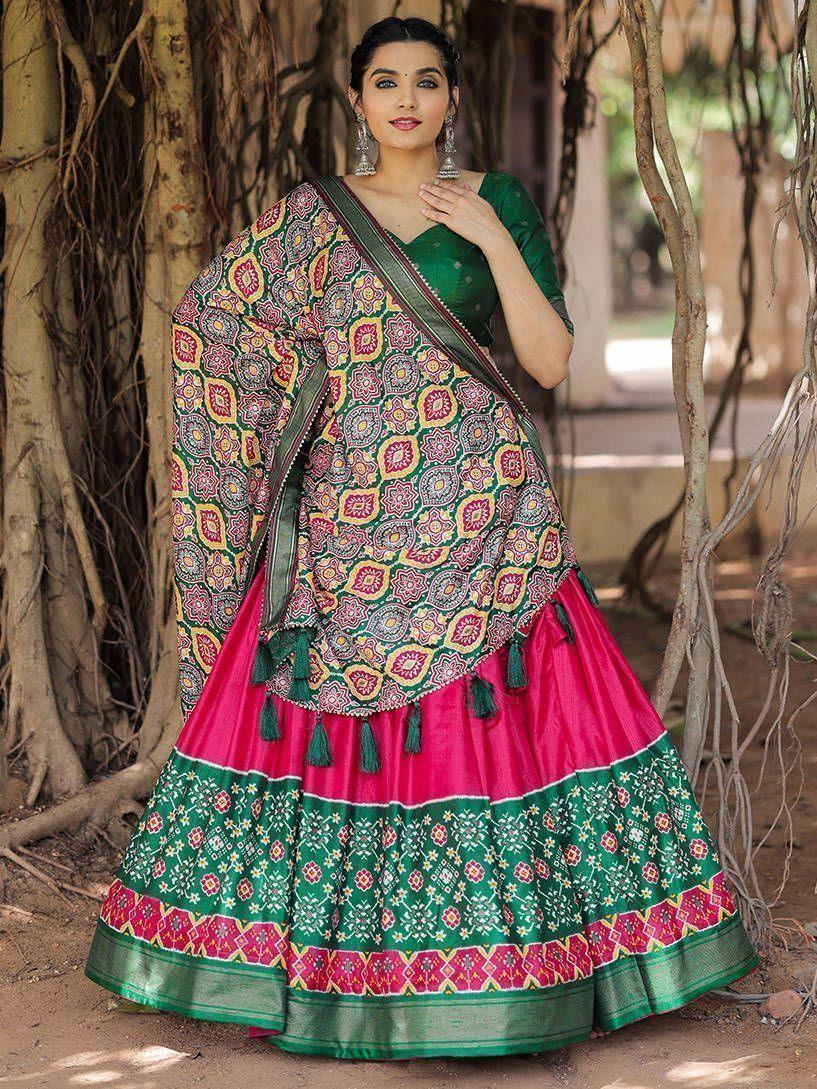 Fabulous Pink Green Patola Printed Silk Garba Wear Lehenga Choli
