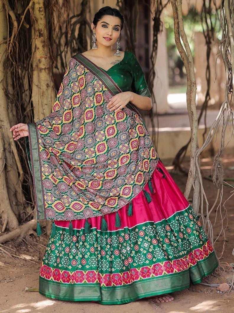 Fabulous Pink Green Patola Printed Silk Garba Wear Lehenga Choli
