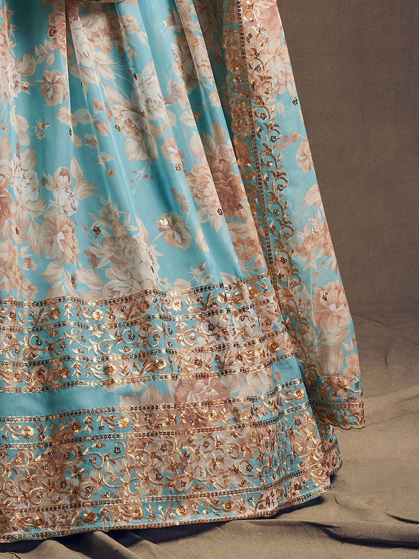 Sky Blue Floral Printed Organza Festival Lehenga Choli
