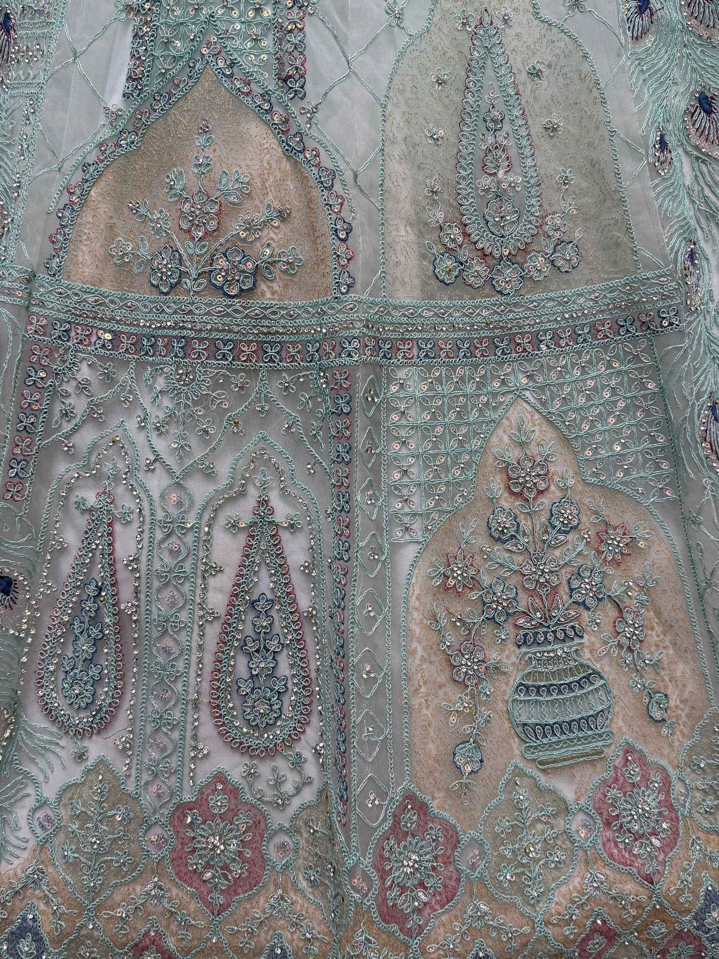 Magnetic Sea Green Multi-Thread Work Net Lehenga Choli With Dupatta
