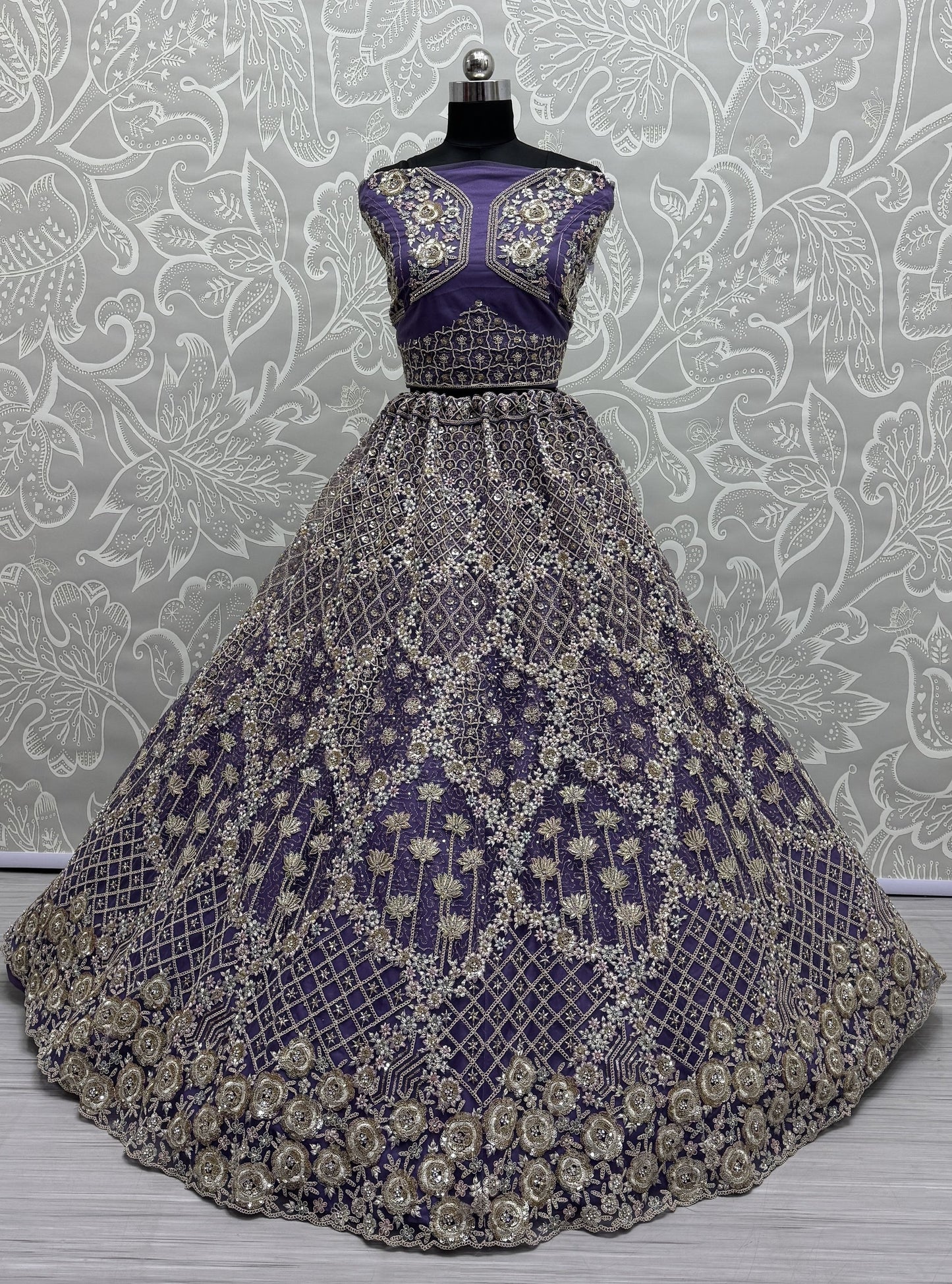 Alluring Purple Thread Embroidery Net Wedding Lehenga Choli