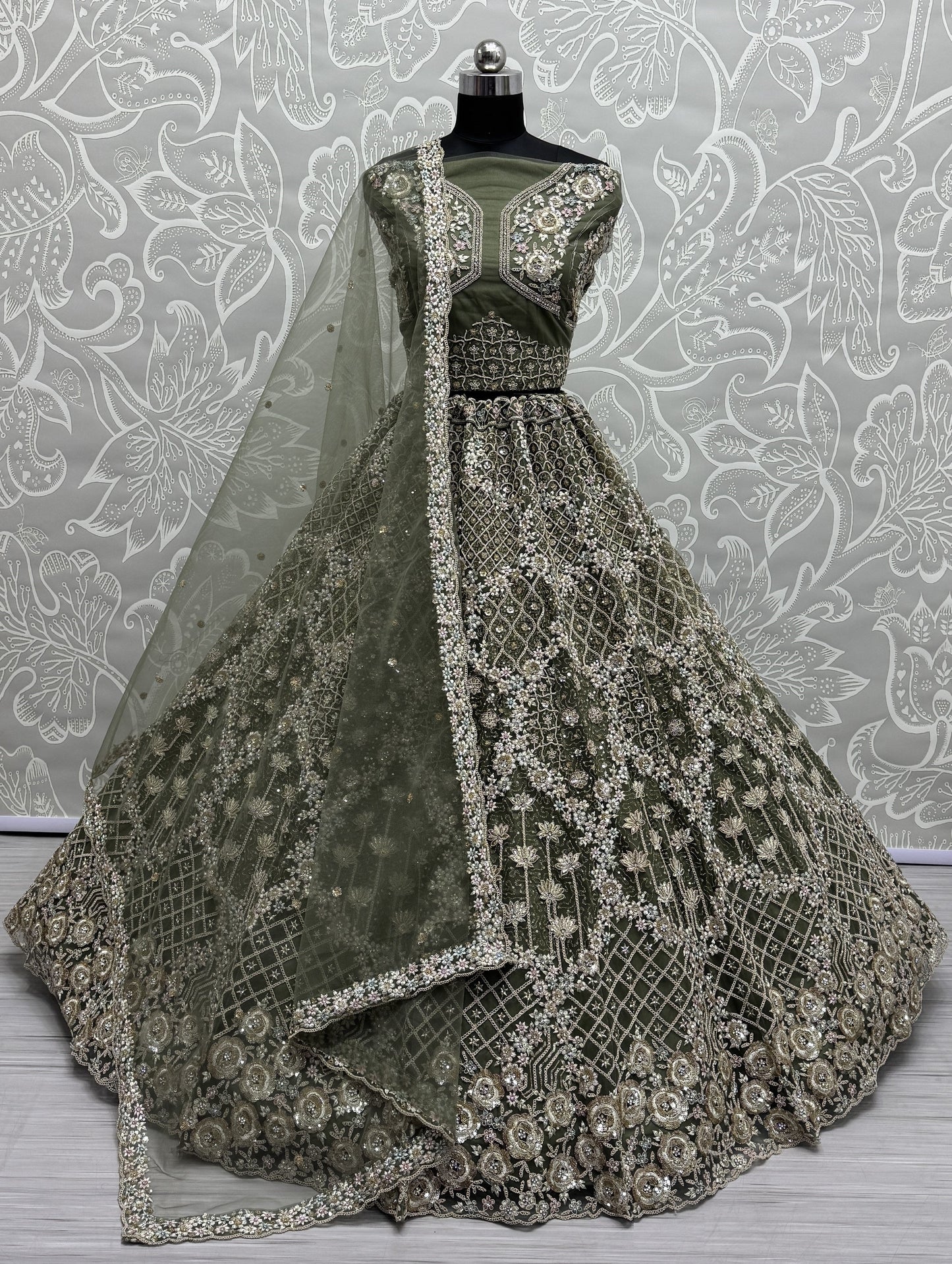 Pretty Green Thread Embroidery Net Bridal Lehenga Choli With Dupatta
