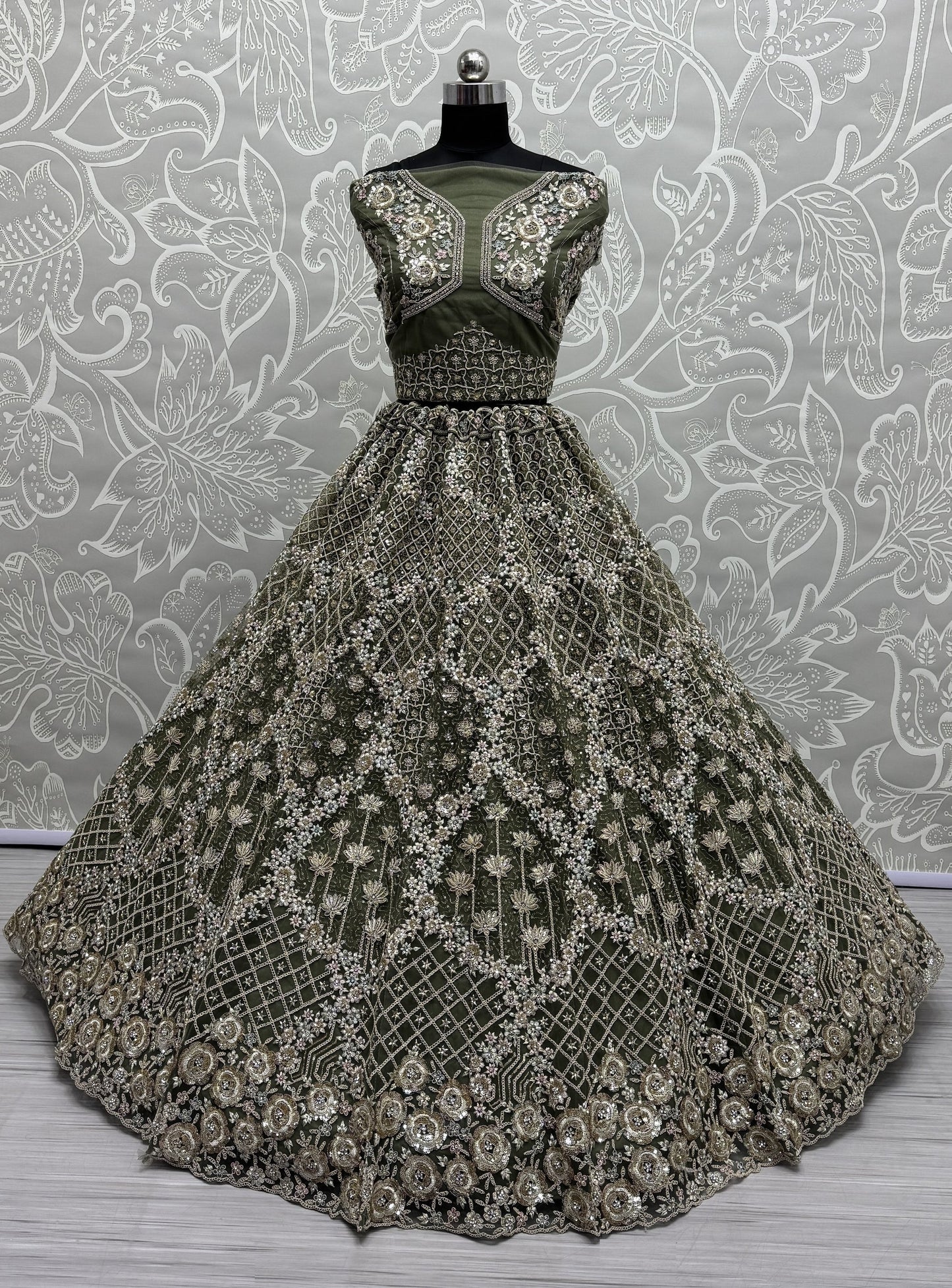 Pretty Green Thread Embroidery Net Bridal Lehenga Choli With Dupatta