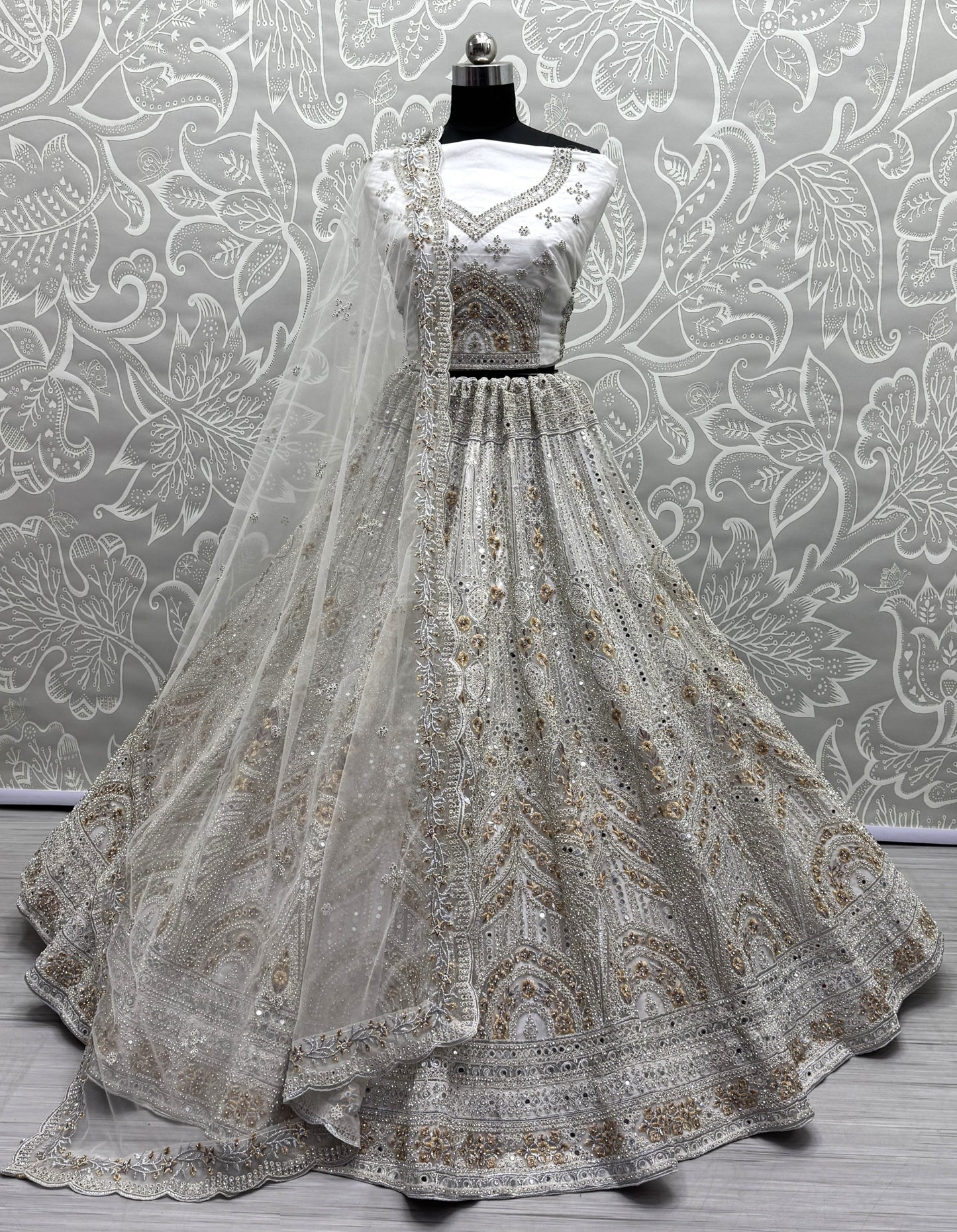 Gorgeous Off-White Mirror Work Net Bridesmaid Lehenga Choli