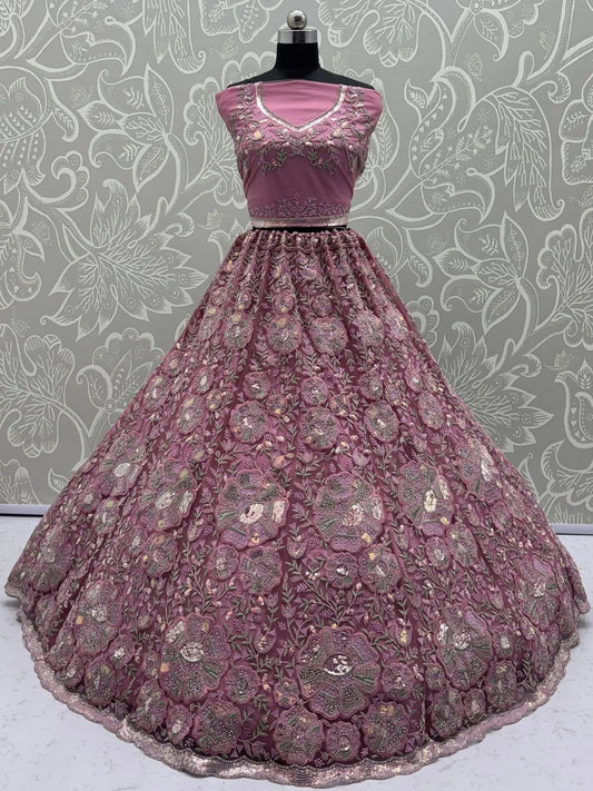 Tremendous Pink Dori Embroidery Net Bridesmaid Lehenga Choli