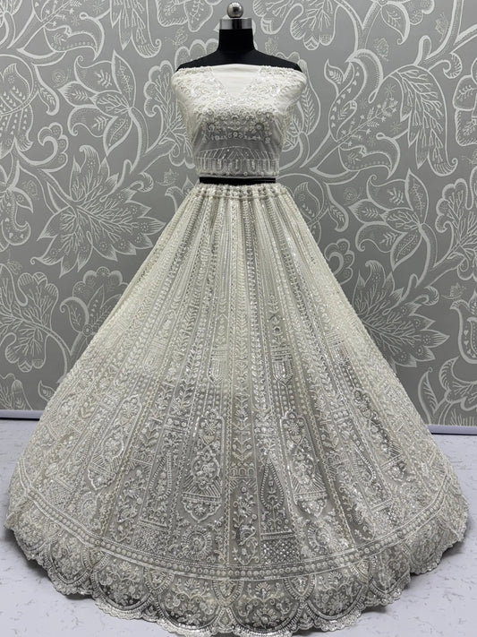 Gorgeous White Moti Work Net Engagement Wear Lehenga Choli With Dupatta