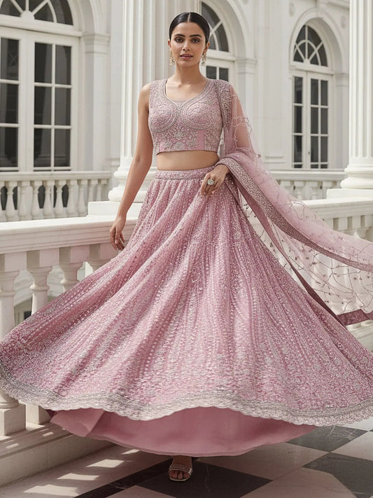 Stylish Powder Pink Thread Work Silk Bridesmaid Lehenga Choli With Dupatta