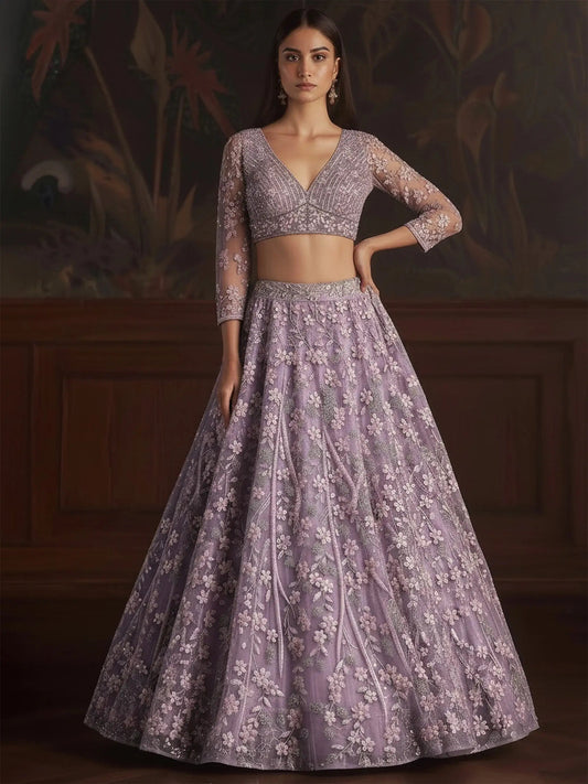 Fantastic Lilac Sequins Net Wedding Wear Lehenga Choli With Dupatta