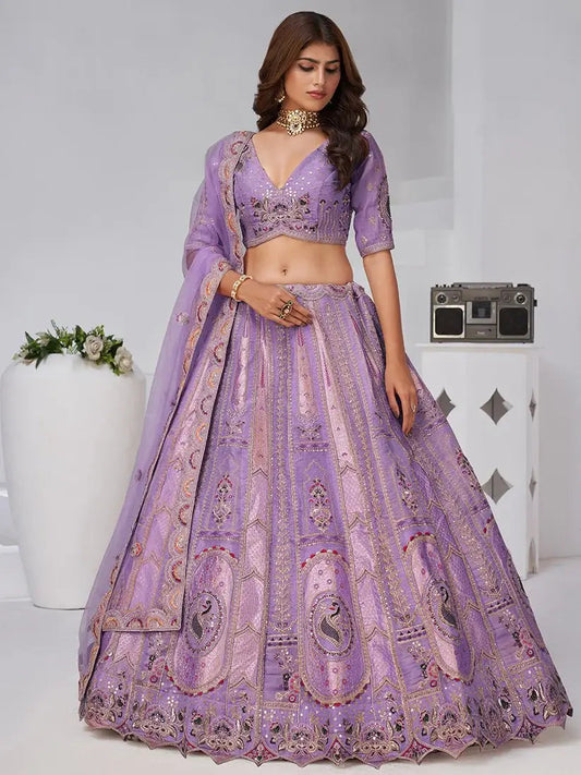 Excellent Lavender Zari Weaving Banarasi Silk Wedding Wear Lehenga Choli