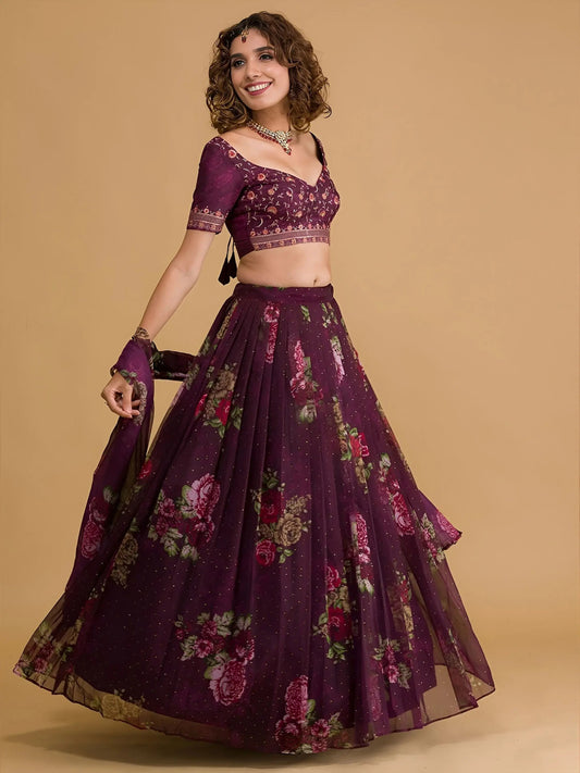 Amazing Purple Floral Printed Organza Sangeet Wear Lehenga Choli