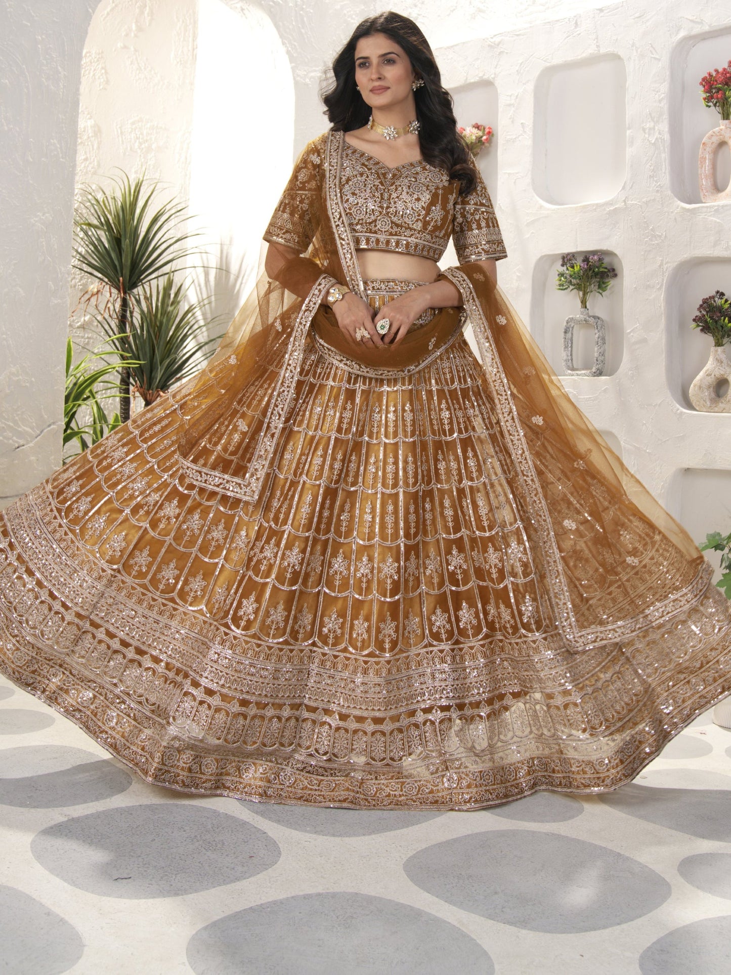 Beautiful Golden Sequins Work Net Wedding Lehenga Choli With Dupatta