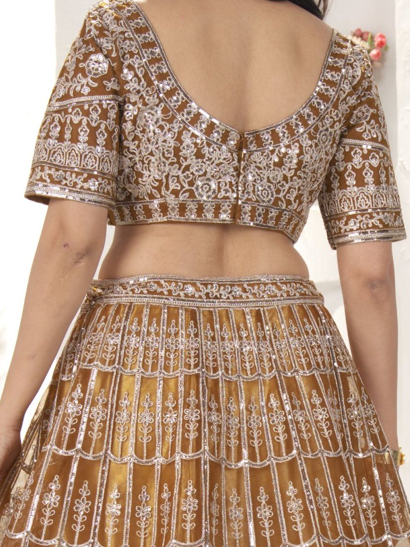 Beautiful Golden Sequins Work Net Wedding Lehenga Choli With Dupatta