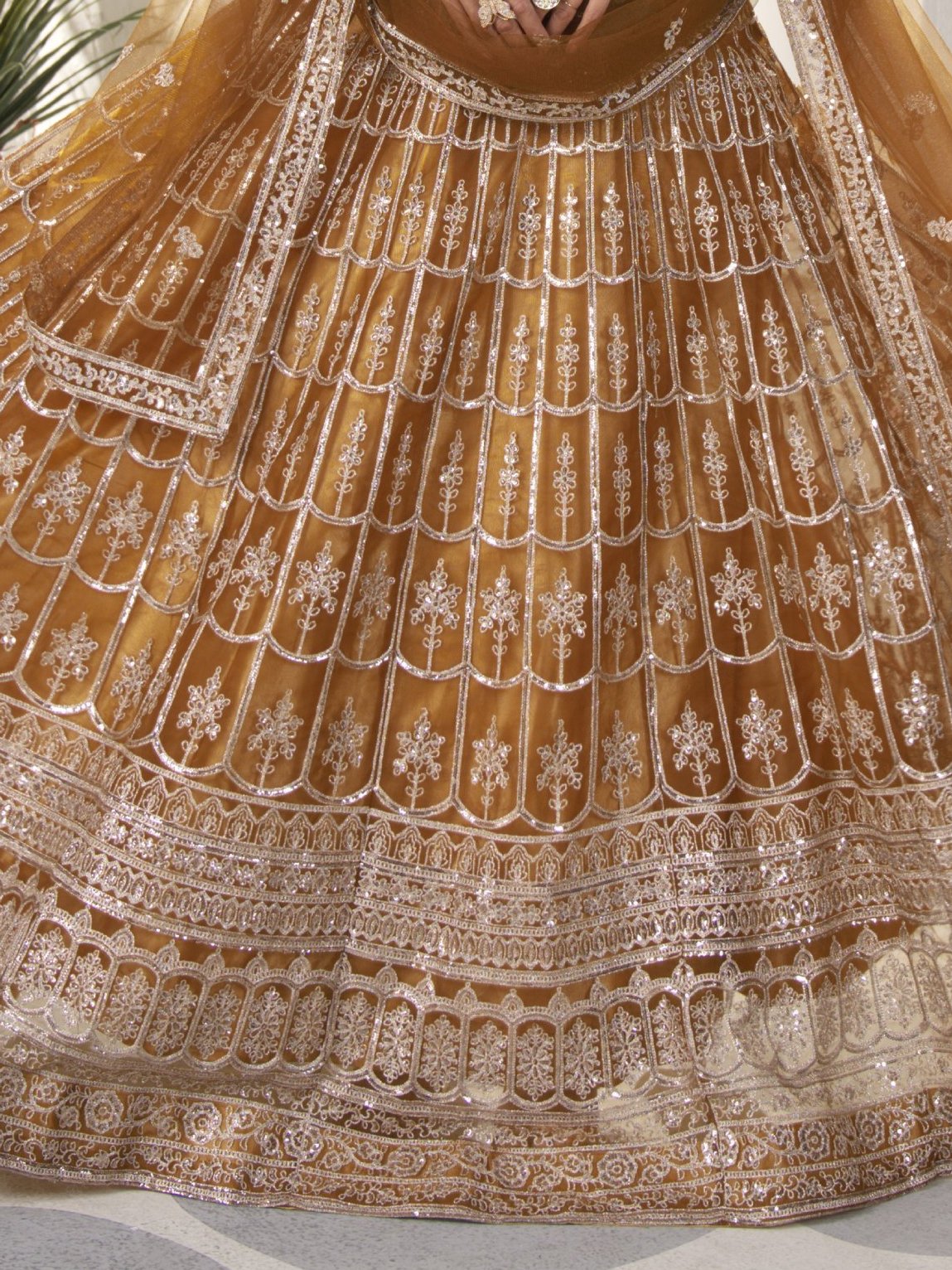Beautiful Golden Sequins Work Net Wedding Lehenga Choli With Dupatta