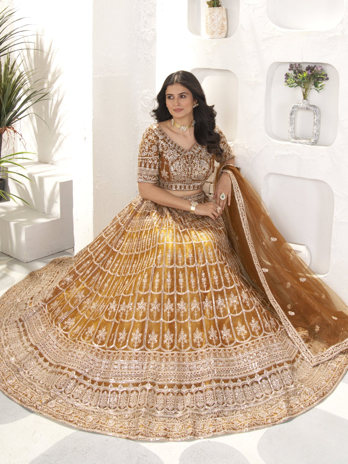 Beautiful Golden Sequins Work Net Wedding Lehenga Choli With Dupatta