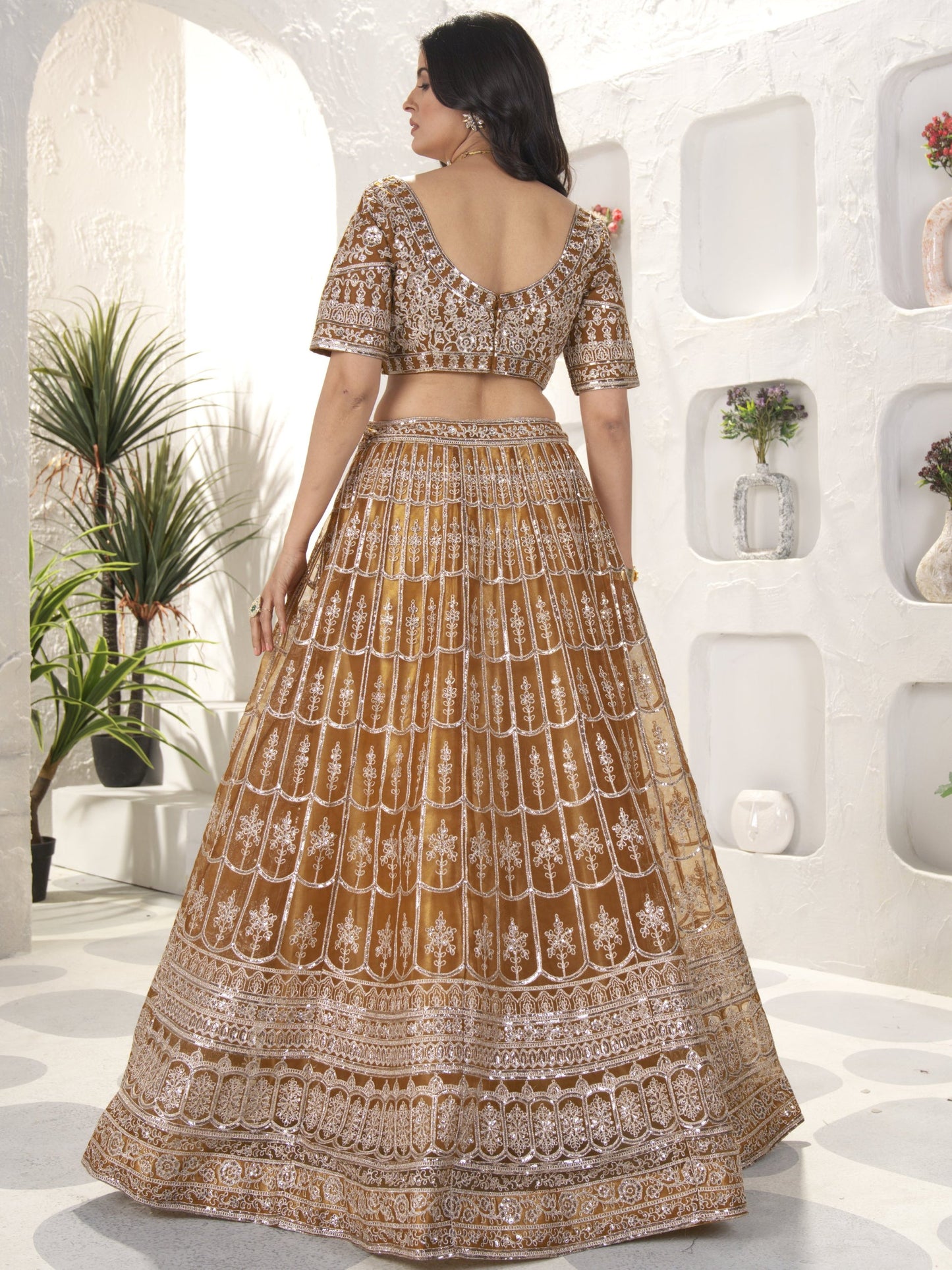 Beautiful Golden Sequins Work Net Wedding Lehenga Choli With Dupatta