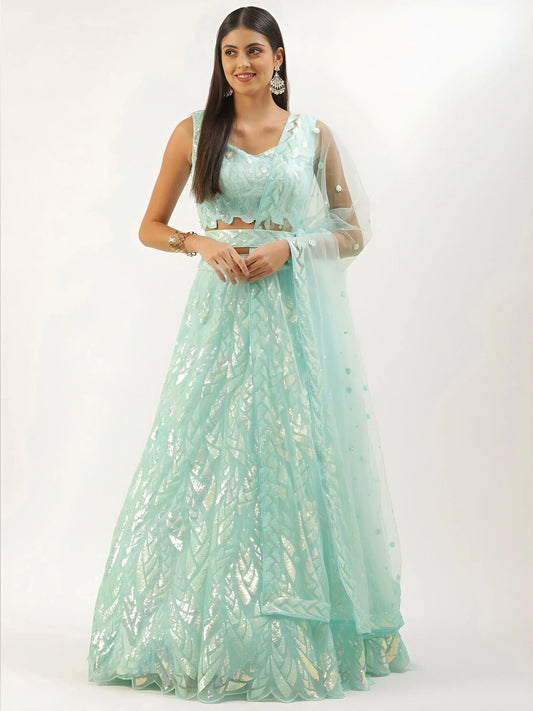 Attractive Sky Blue Sequins Net Designer Lehenga Choli With Dupatta
