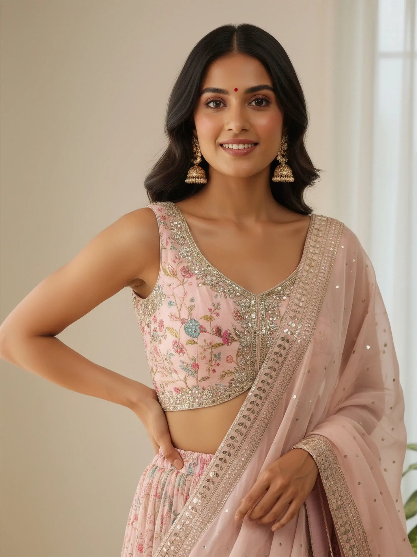 Dreamy Peach Floral Printed Organza Engagement Wear Lehenga Choli With Dupatta