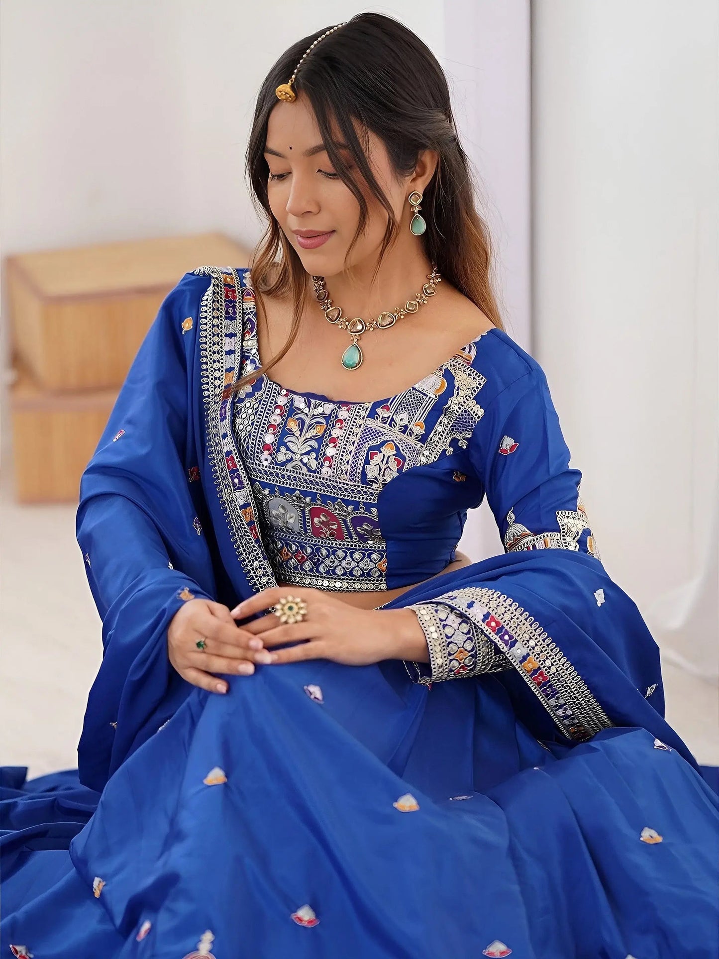 Artistic Royal Blue Sequins Crepe Silk Event Wear Lehenga Choli With Dupatta