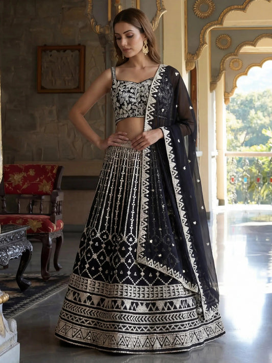 Charming Black Embroidered Georgette Party Wear Lehenga Choli With Dupatta