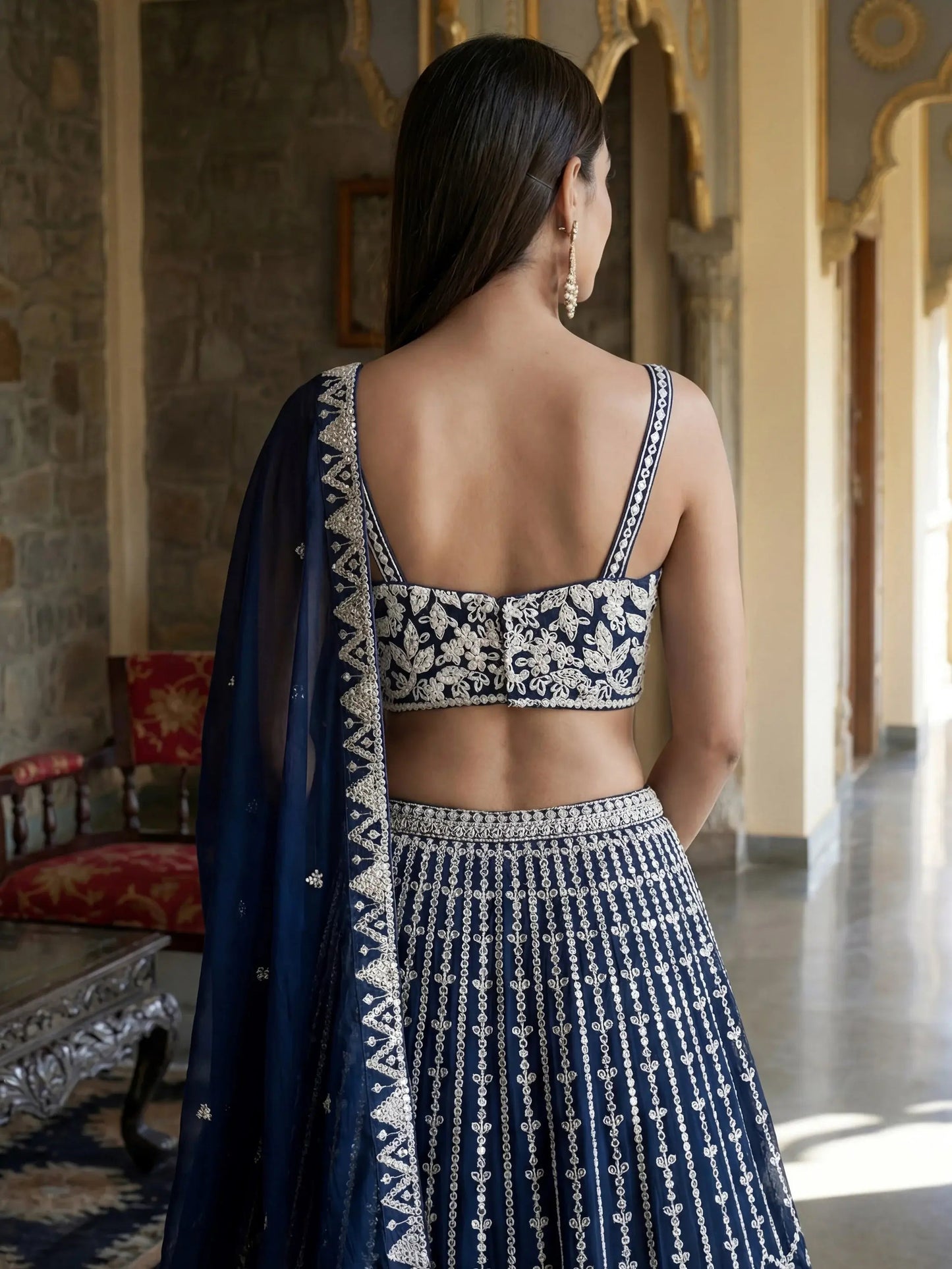 Superb Navy Blue Thread Embroidery Georgette Engagement Wear Lehenga Choli