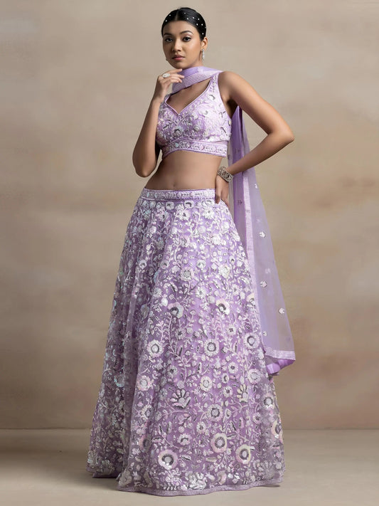 Surprising Lavender Sequins Net Reception Wear Lehenga Choli