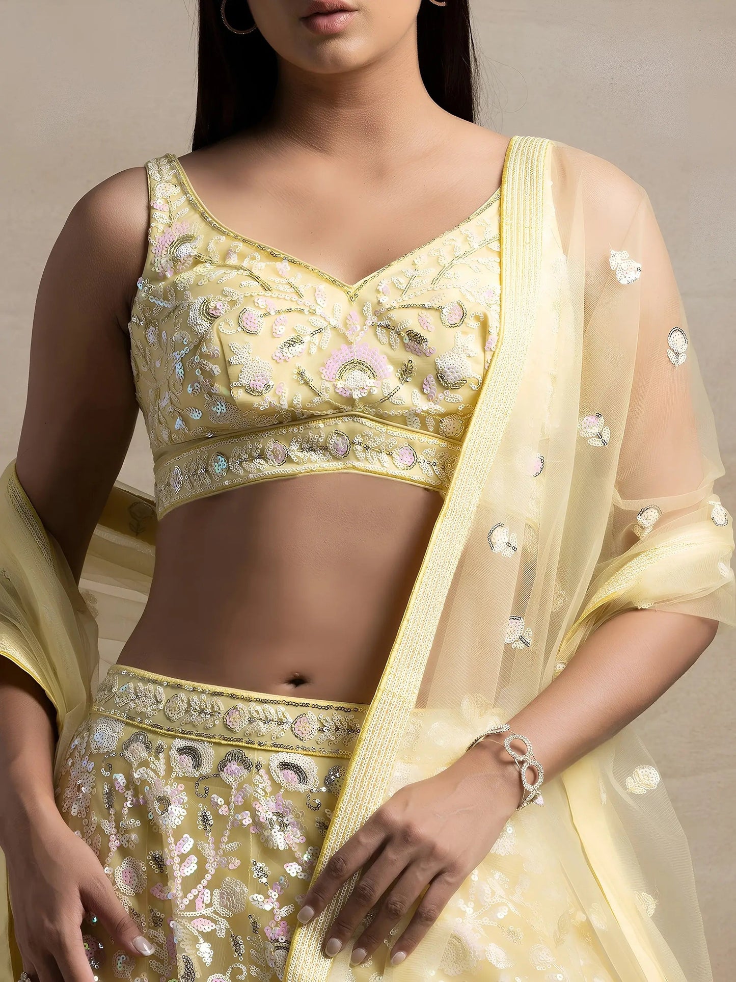 Unique Yellow Sequins Net Haldi Wear Lehenga Choli With Dupatta
