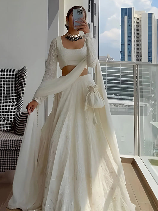 Fantastic White Thread Embroidery Georgette Evening Wear Lehenga Choli