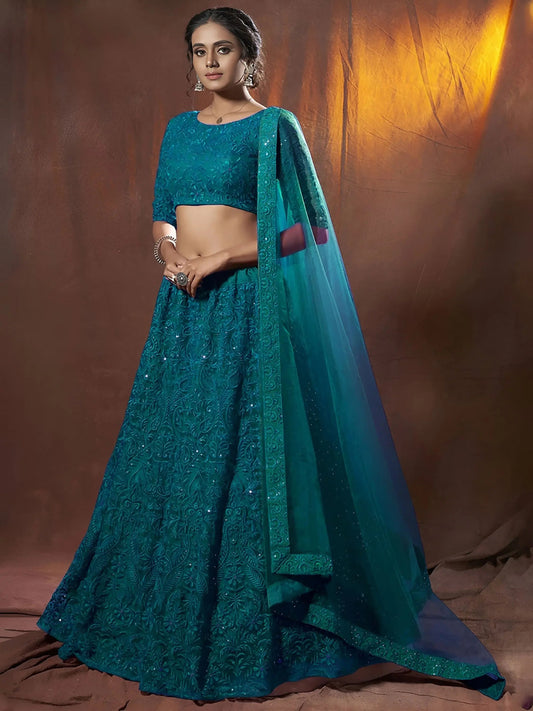 Regal Teal Green Sequins Work Net Traditional Lehenga Choli With Dupatta