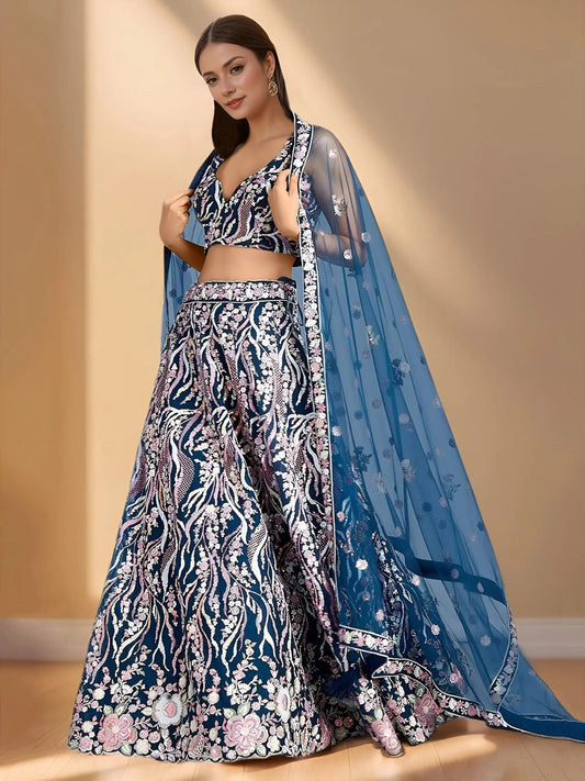 Stylish Teal Blue Floral Embroidery Net Engagement Wear Lehenga Choli