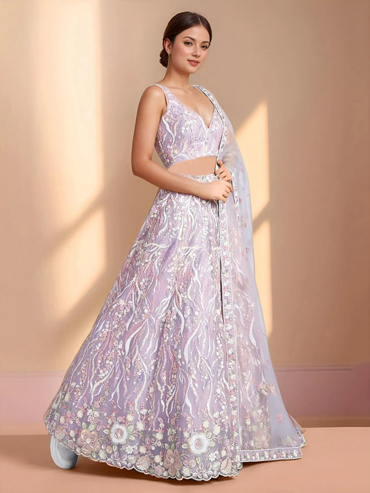 Exclusive Lavender Thread Embroidery Net Reception Wear Lehenga Choli