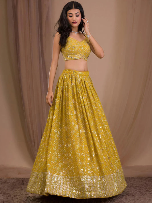 Alluring Yellow Sequins Georgette Haldi Wear Lehenga Choli