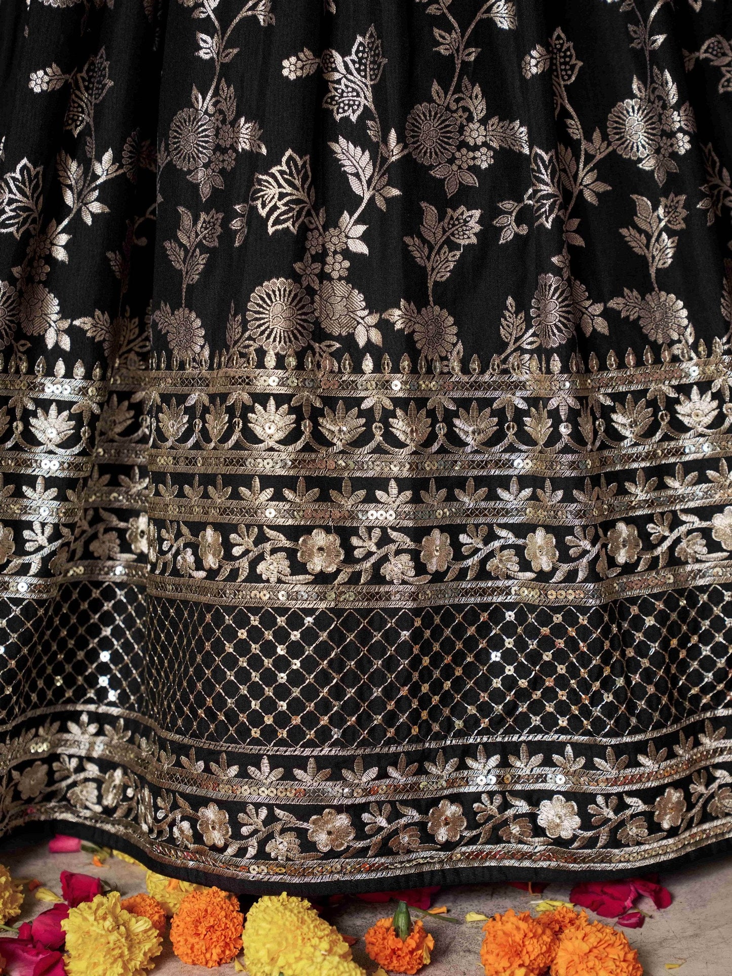Attractive Black Zari Embroidery Jacquard Lehenga Choli With Dupatta