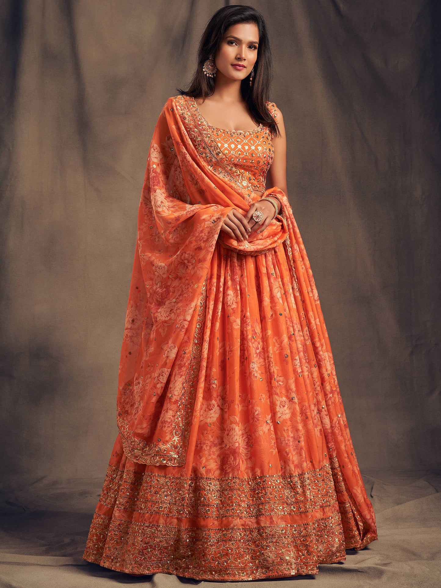 Orange Floral Printed Organza Festival Lehenga Choli