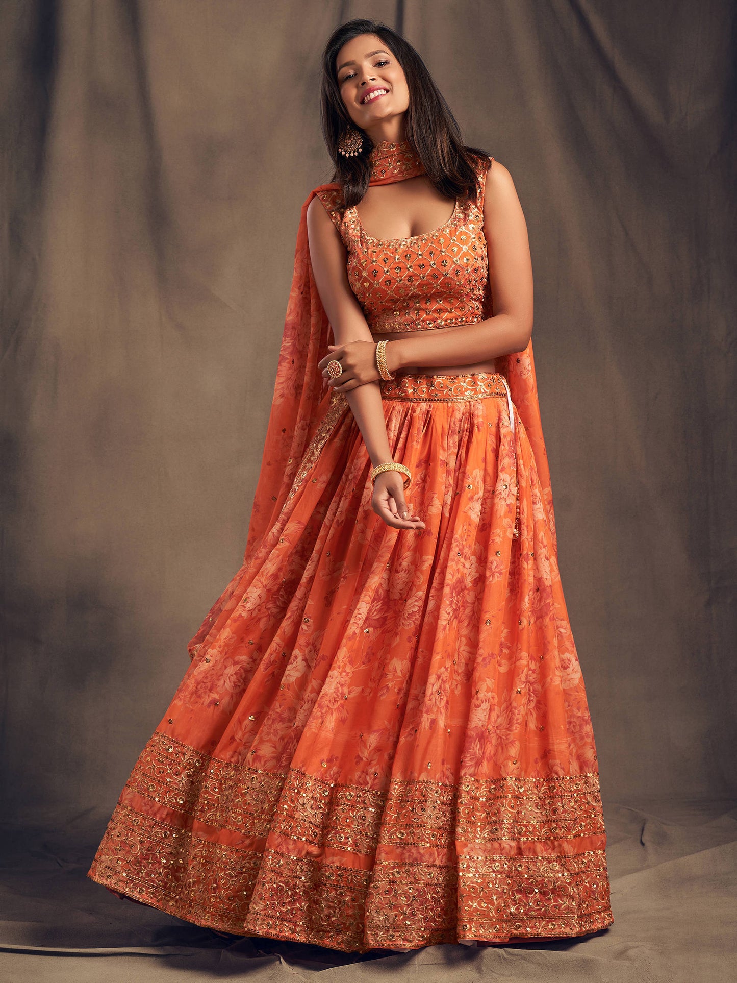 Orange Floral Printed Organza Festival Lehenga Choli
