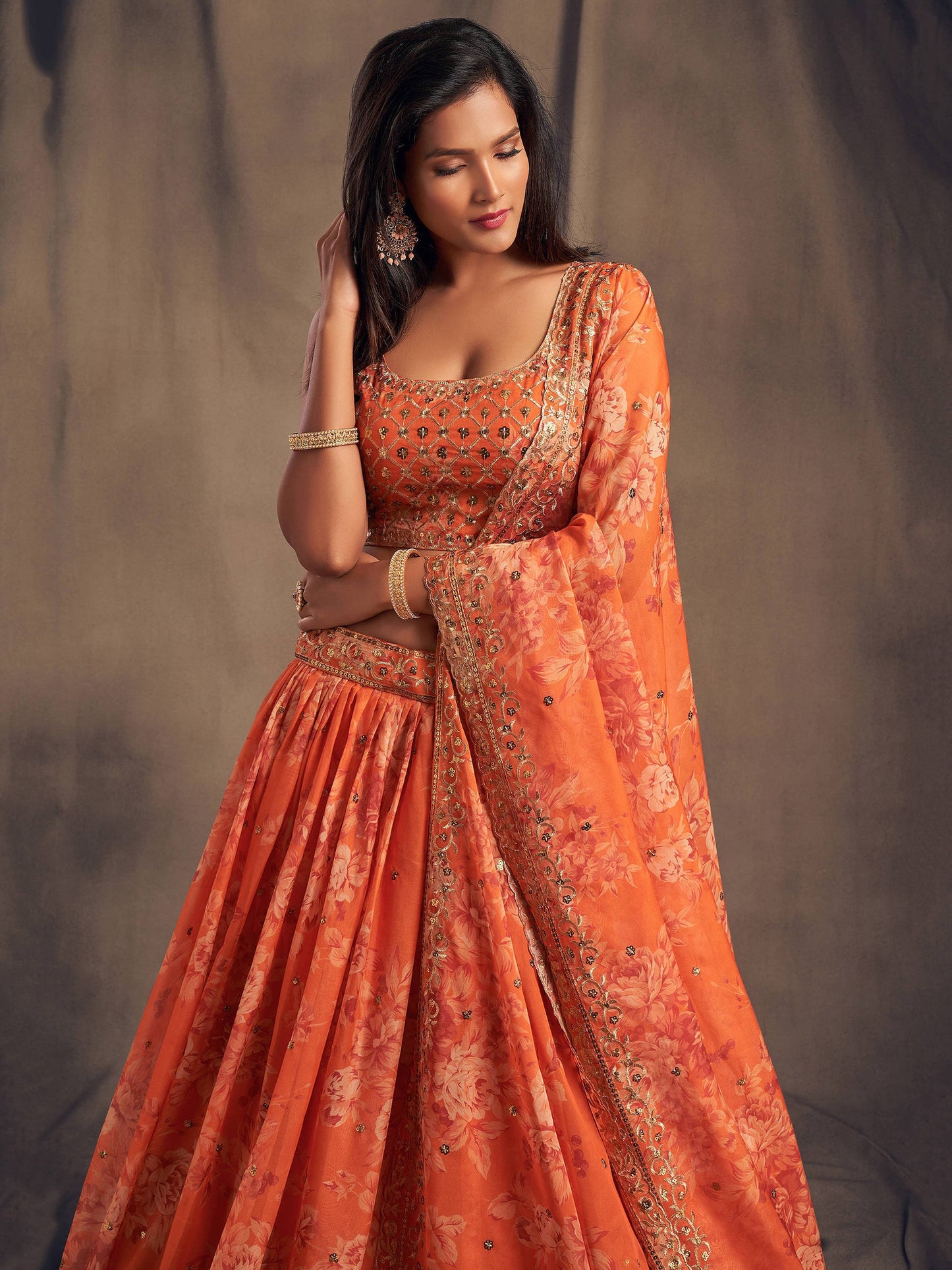 Orange Floral Printed Organza Festival Lehenga Choli