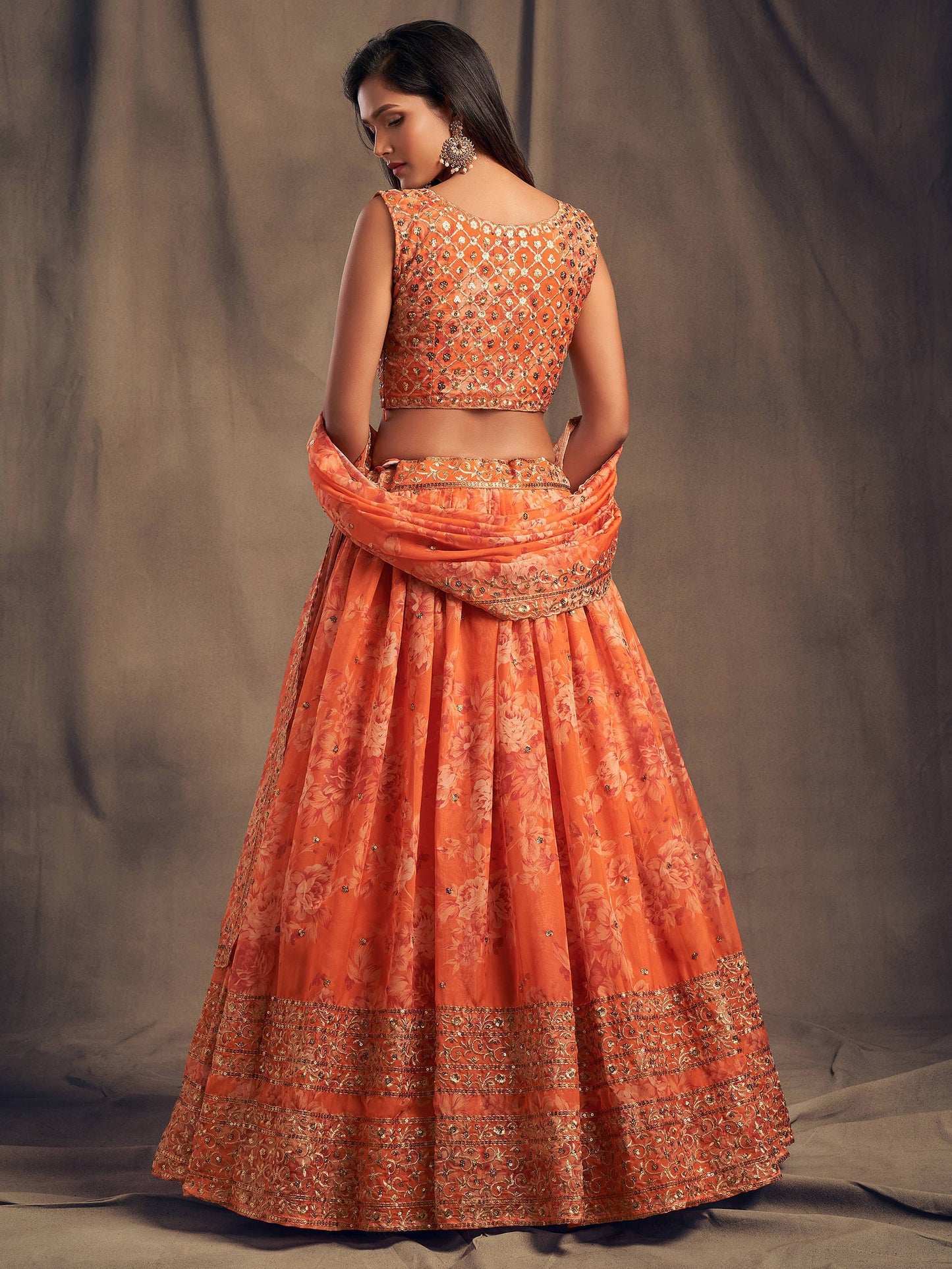 Orange Floral Printed Organza Festival Lehenga Choli