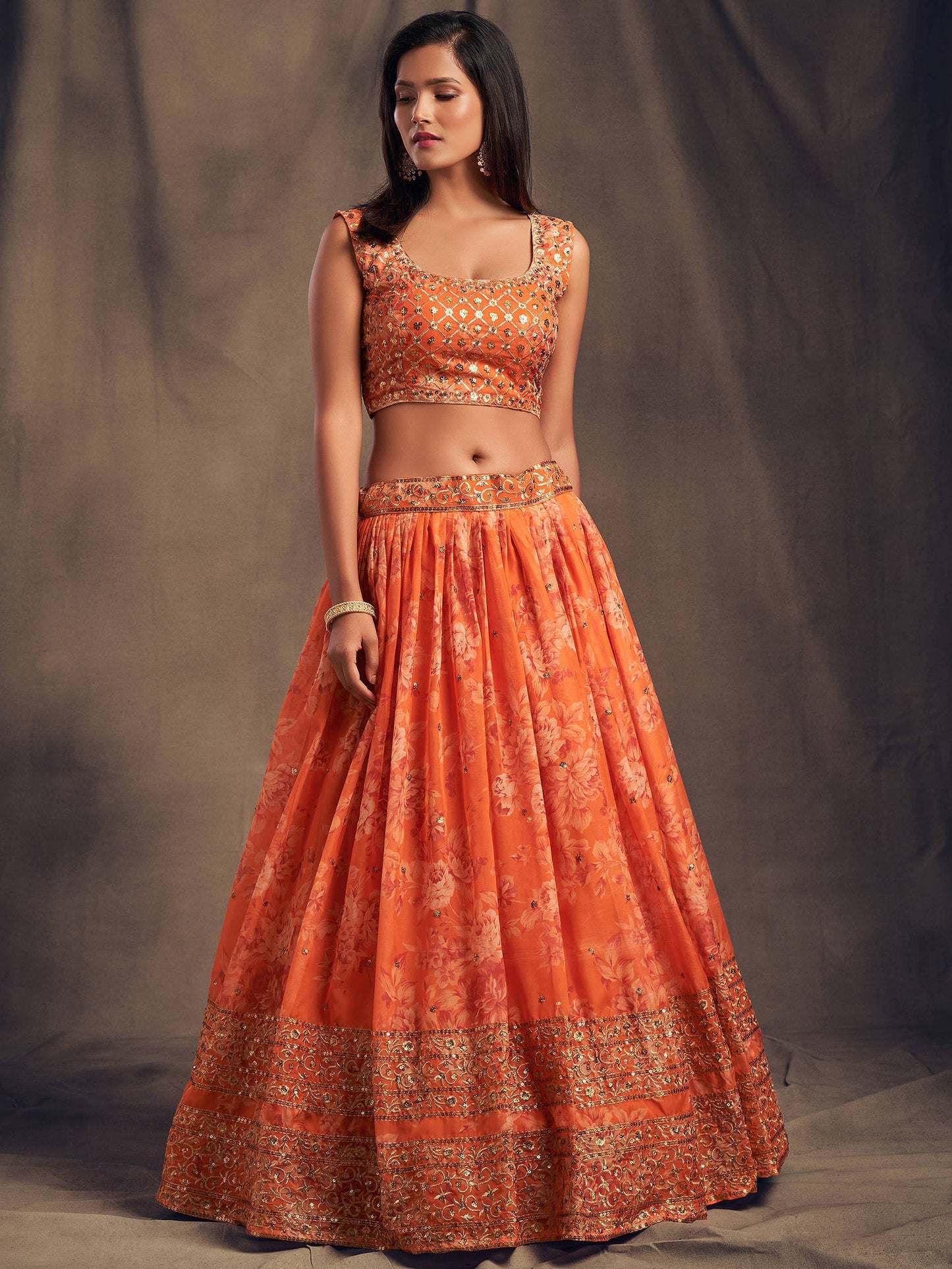 Orange Floral Printed Organza Festival Lehenga Choli