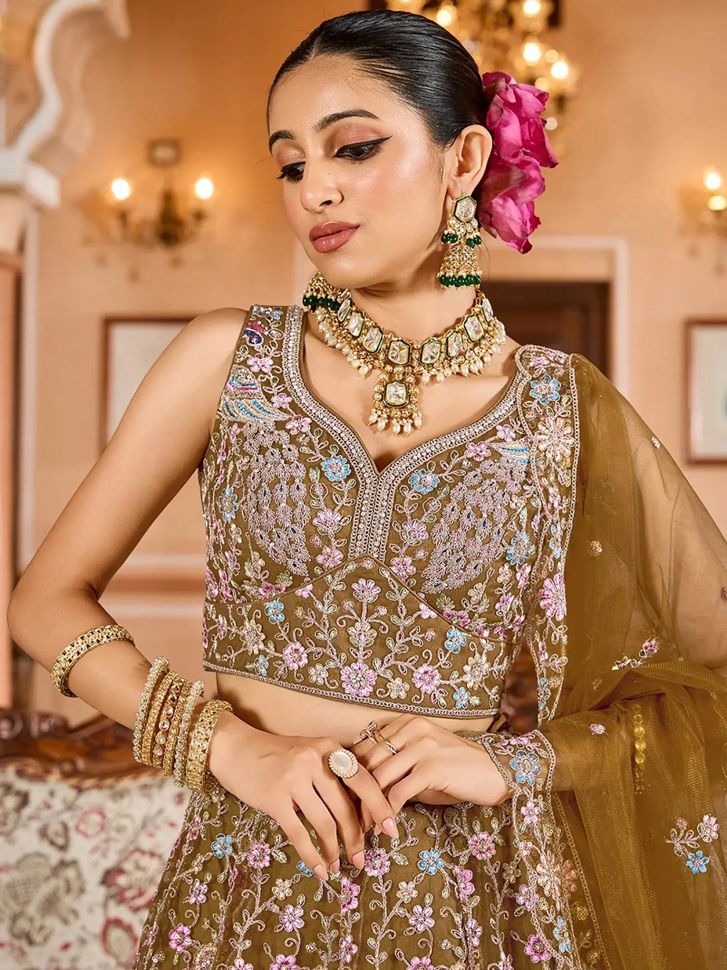 Classy Mustard Yellow Thread Work Net Evening Wear Lehenga Choli With Dupatta