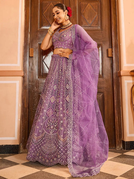 Dazzling Lavender Sequins Work Net Bridesmaid Lehenga Choli With Dupatta
